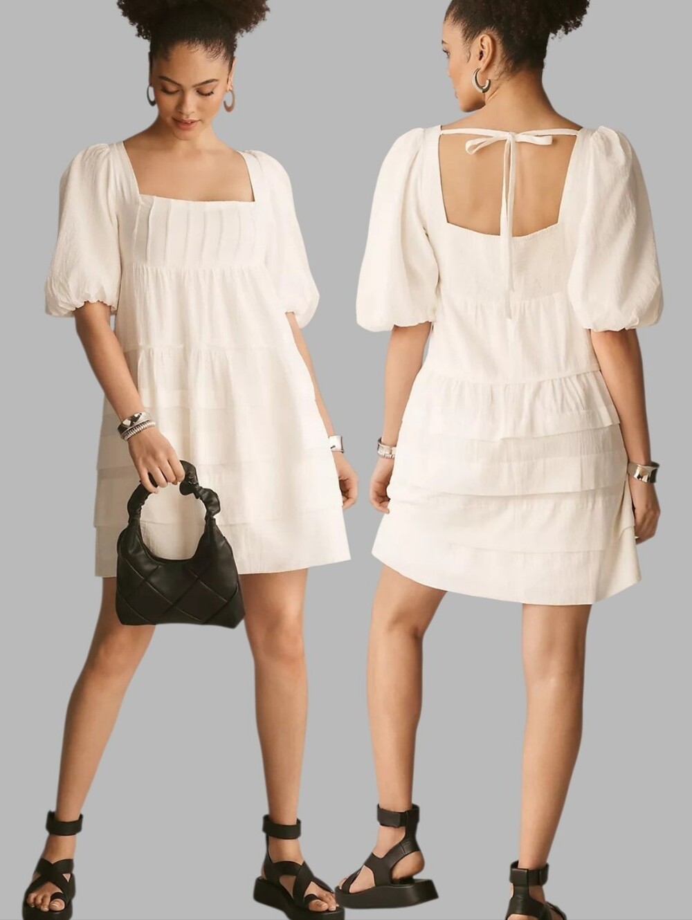 ANTHROPOLOGIE Square-Neck Puff-Sleeve Tiered Dress - XS